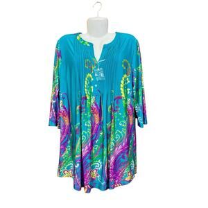 Serengeti Women's Colorful Paisley Button Front 3/4 Sleeve Tunic Top | SZ L NWOT